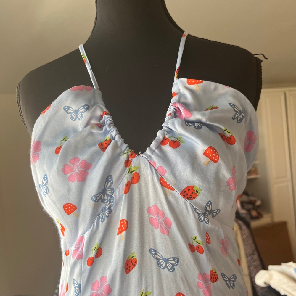 ⭐️ 3 for $30 Forever 21 Blue Strawberry Mushroom Butterfly Print Mini Dress Smal